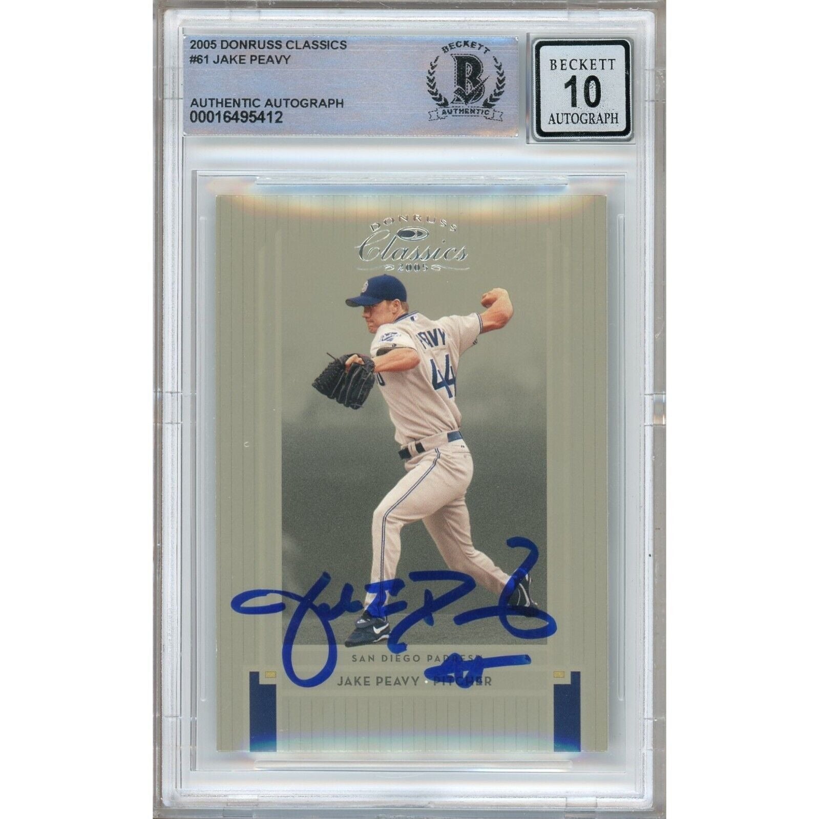 Baseballs- Autographed- Jake Peavy San Diego Padres Signed 2005 Donruss Classics Baseball Card Beckett Authentic BGS Auto-10 Graded Slab Front