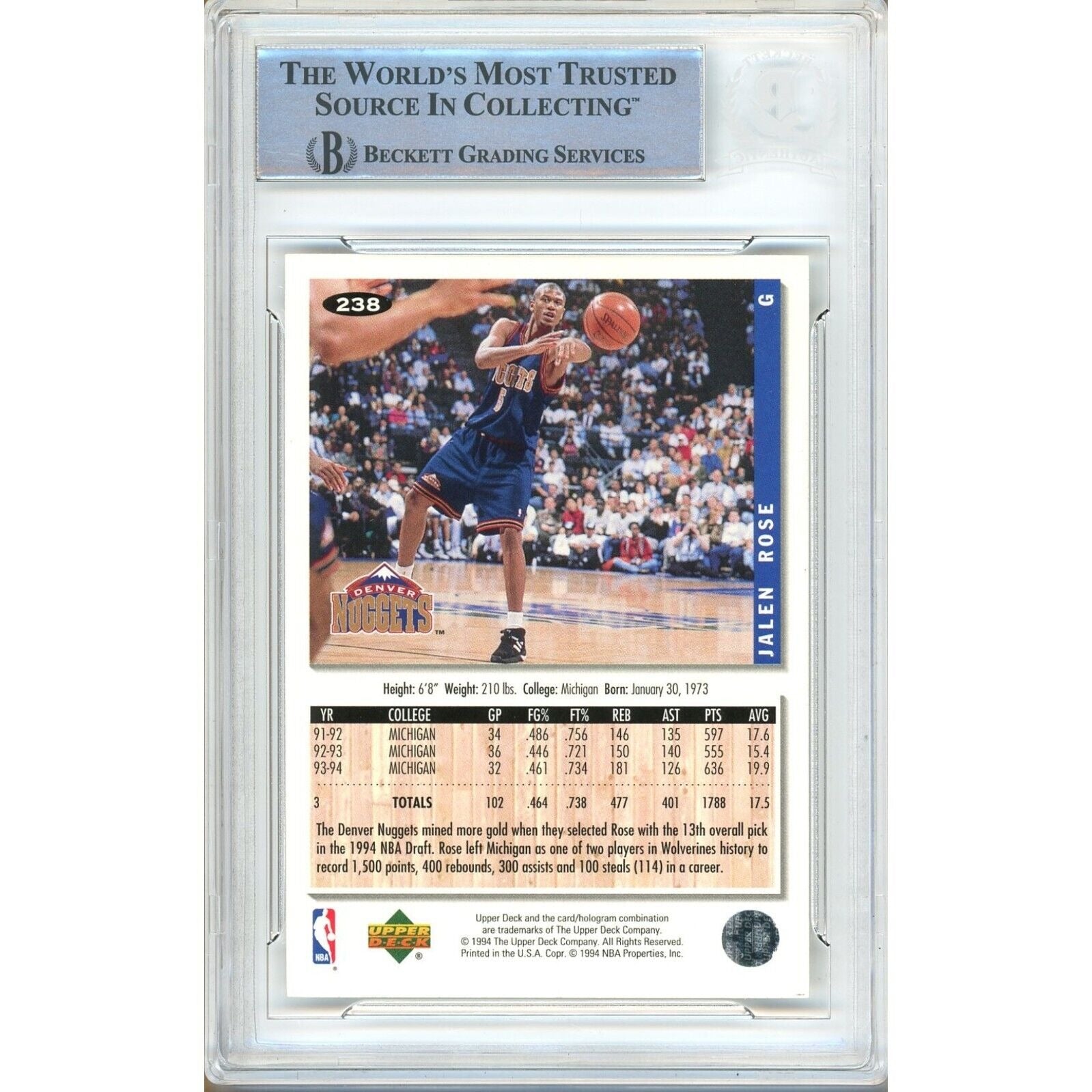 Basketballs- Autographed- Jalen Rose Denver Nuggets Signed 1994-95 Upper Deck Collectors Choice Basketball Rookie Card Beckett Authentic Auto Slab Back