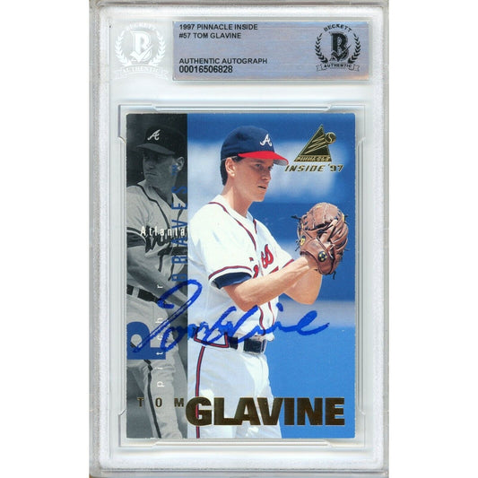 Baseballs- Autographed- Tom Glavine Atlanta Braves Signed 1997 Pinnacle Inside Trading Card Beckett Authentic Auto Slab Front