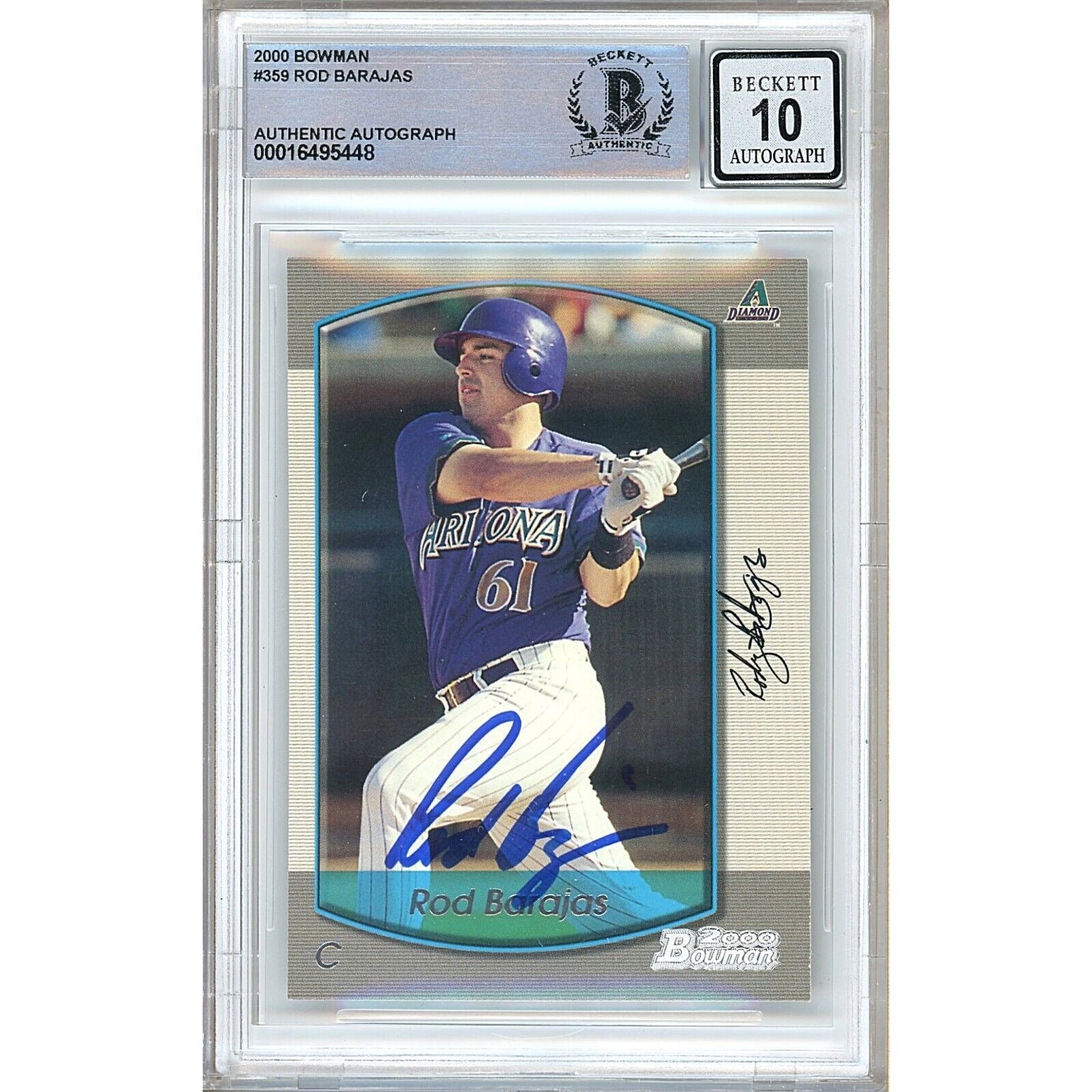 Baseballs- Autographed- Rod Barajas Arizona Diamondbacks Signed 2000 Bowman Trading Card Beckett Authentic BGS Auto-10 Graded Slab Front