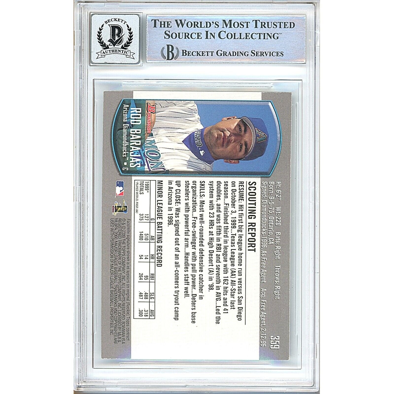 Baseballs- Autographed- Rod Barajas AZ Diamondbacks Signed 2000 Bowman Trading Card Beckett Authenticated BGS Auto-10 Graded Slab Back