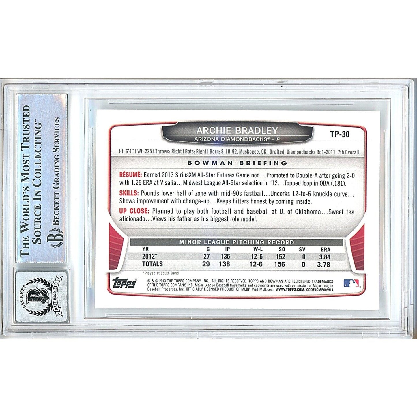 Baseballs- Autographed- Archie Bradley Diamondbacks Signed 2013 Bowman Draft Rookie Baseball Card Beckett Authentic BGS Auto-10 Graded Slab Back