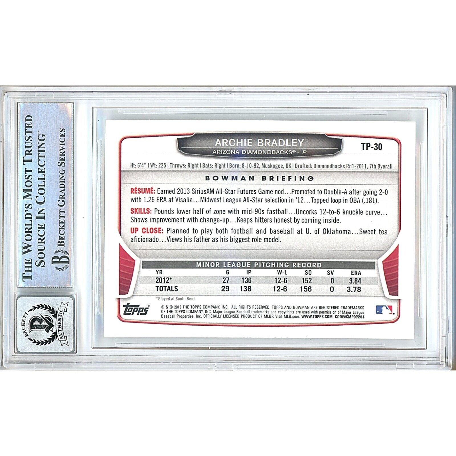 2013 Bowman Archie Bradley AZ Dbacks Signed Trading Card – Beckett BAS