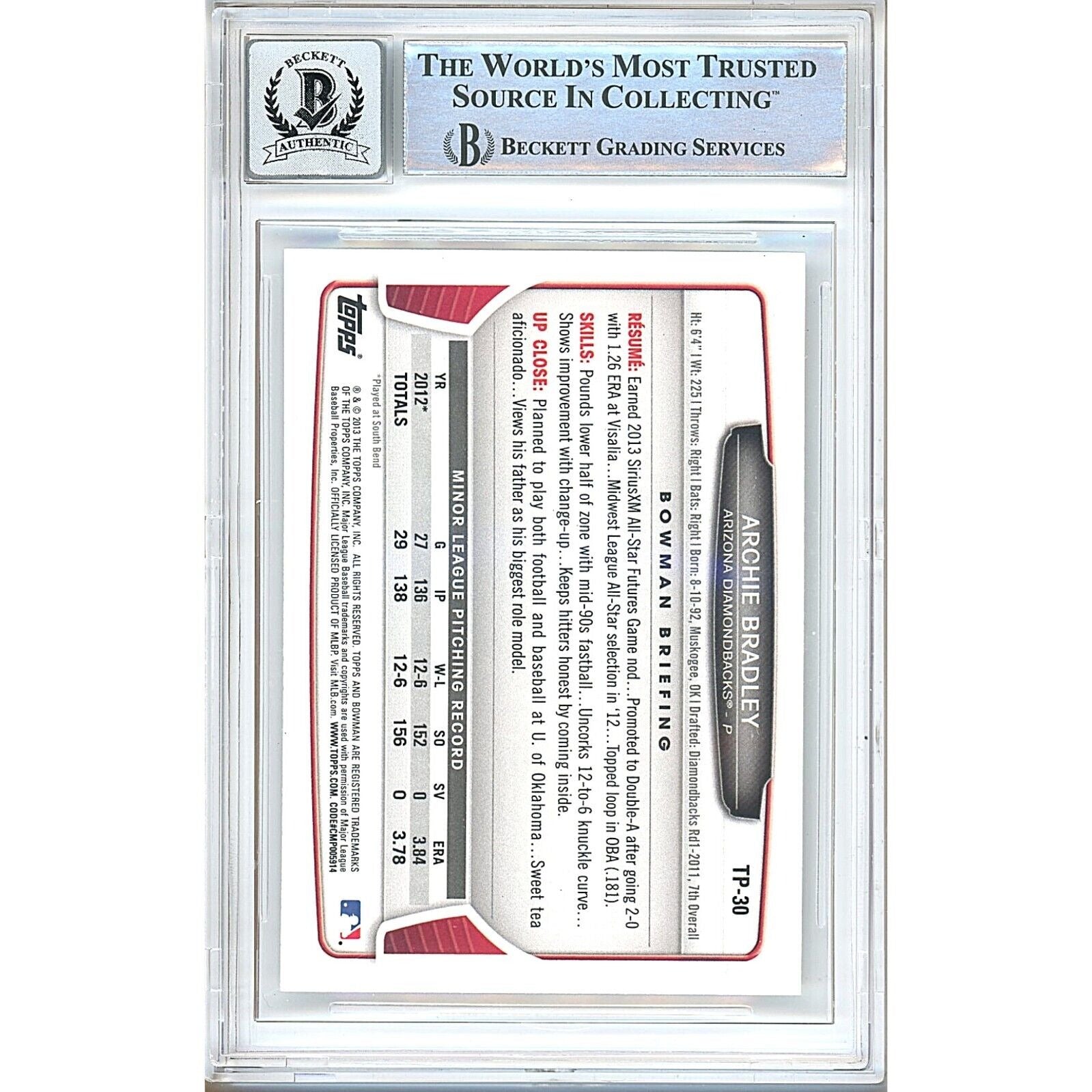 Baseballs- Autographed- Archie Bradley Diamondbacks Signed 2013 Bowman Draft Rookie Baseball Card Beckett Authenticated  BGS Auto-10 Graded Slab Back