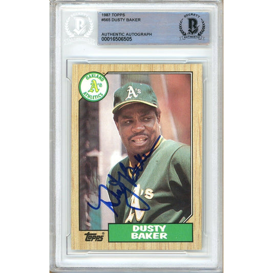 Baseballs- Autographed- Dusty Baker Oakland Athletics Signed 1987 Topps Baseball Card Beckett Authentic Auto Slab Front