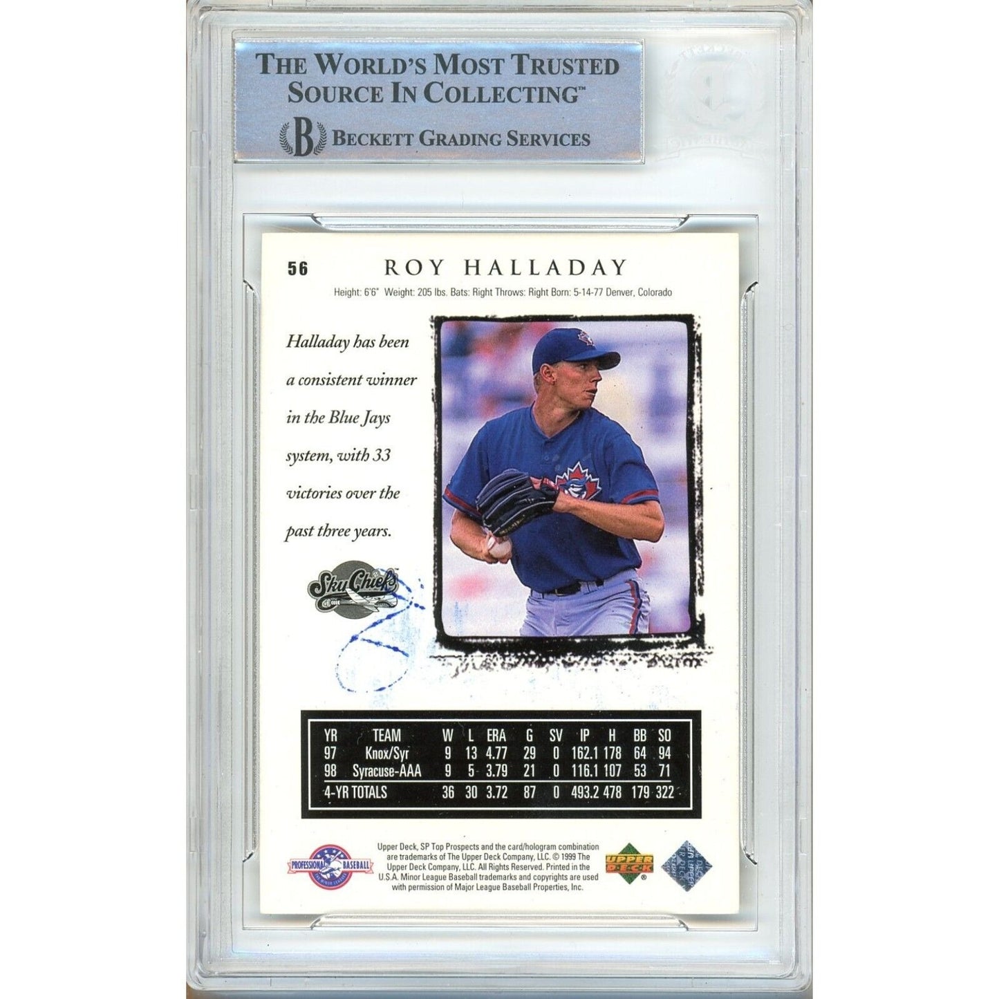 Baseballs- Autographed- Roy Halladay Toronto Blue Jays Signed 1999 Upper Deck SP Top Prospects Gold Foil Trading Card Beckett Authentic Auto Slab Back