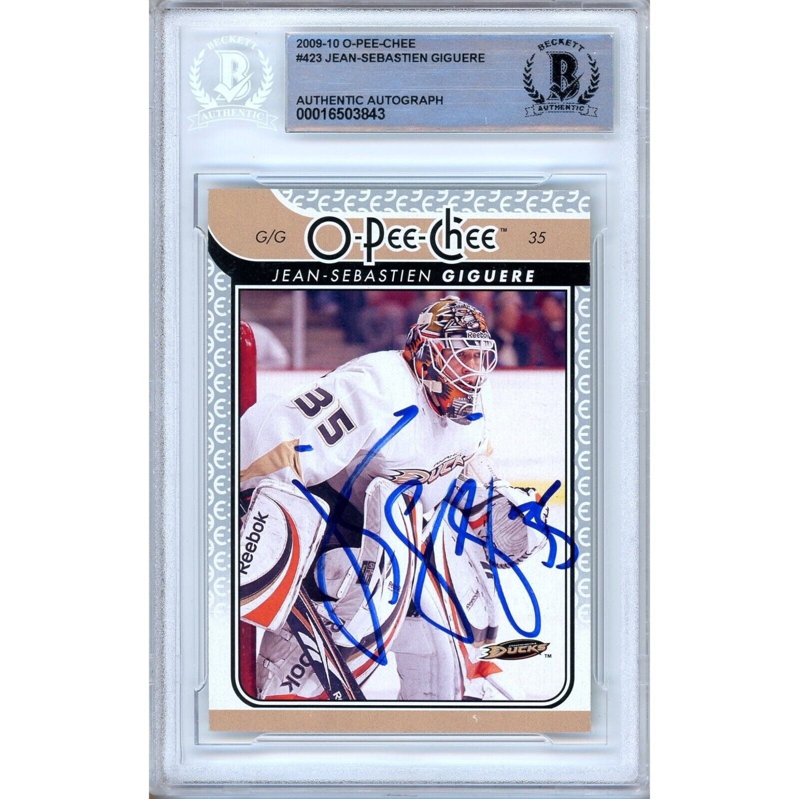 Hockey- Autographed- Jean Sebastien Giguere Anaheim Mighty Ducks Signed 2009-10 O-Pee-Chee Hockey Card Beckett Authentic Auto Slab Front