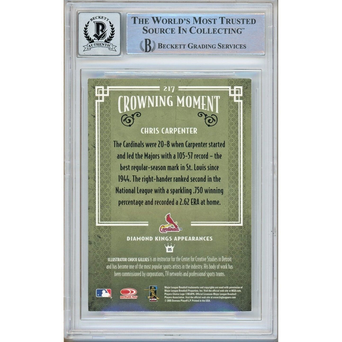 Baseballs- Autographed- Chris Carpenter St Louis Cardinals Signed 2005 Donruss Diamond Kings Baseball Card Beckett Authentic BGS Auto-10 Graded Slab Back