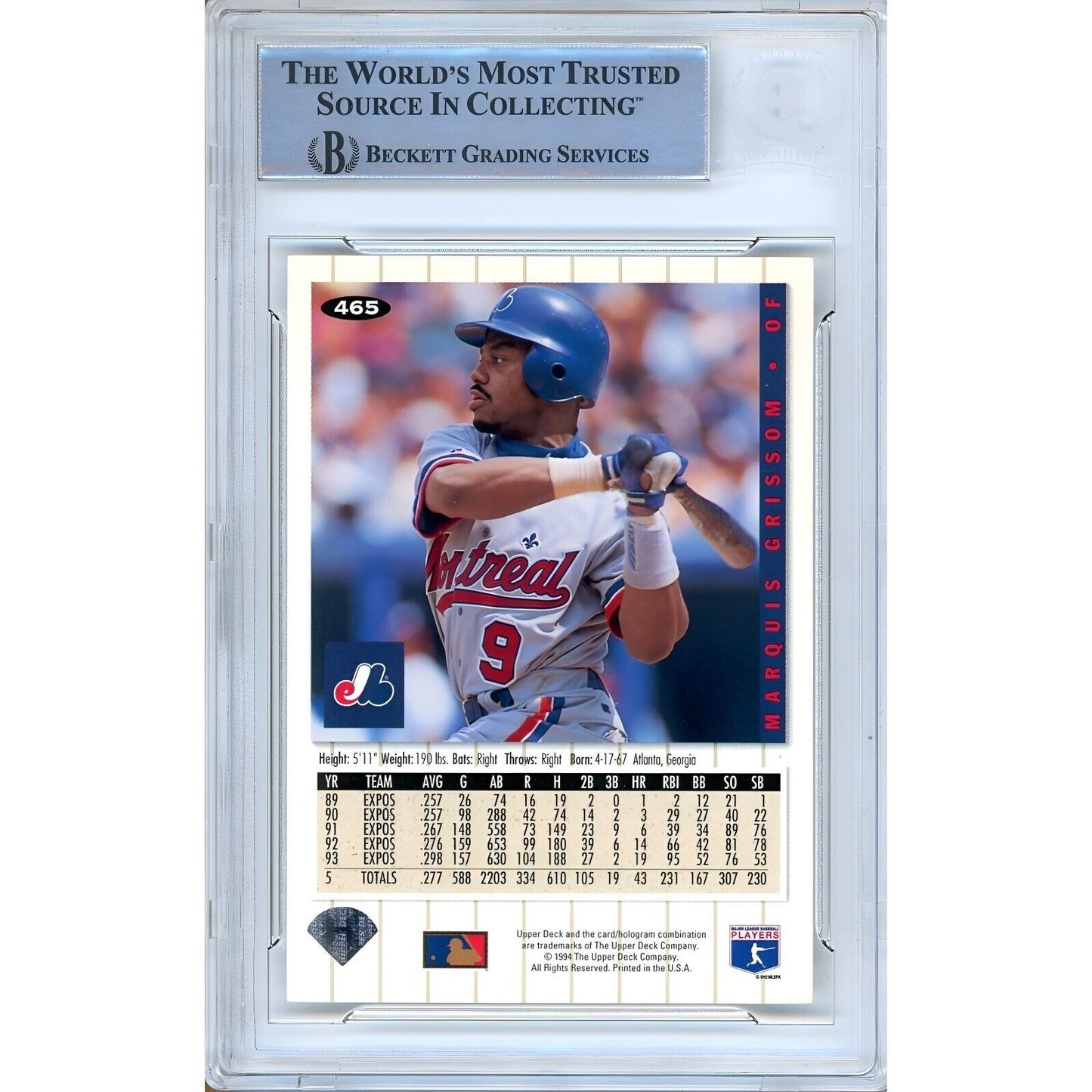 Baseballs- Autographed- Marquis Grissom Montreal Expos Signed 1994 Upper Deck Collectors Choice Silver Signature Baseball Card Beckett Authentic Auto Slab Back