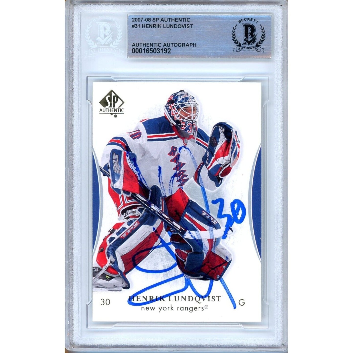 Hockey- Autographed- Henrik Lundqvist New York Rangers Signed 2007-08 SP Authentic Hockey Card Beckett Auth Auto Slab Front