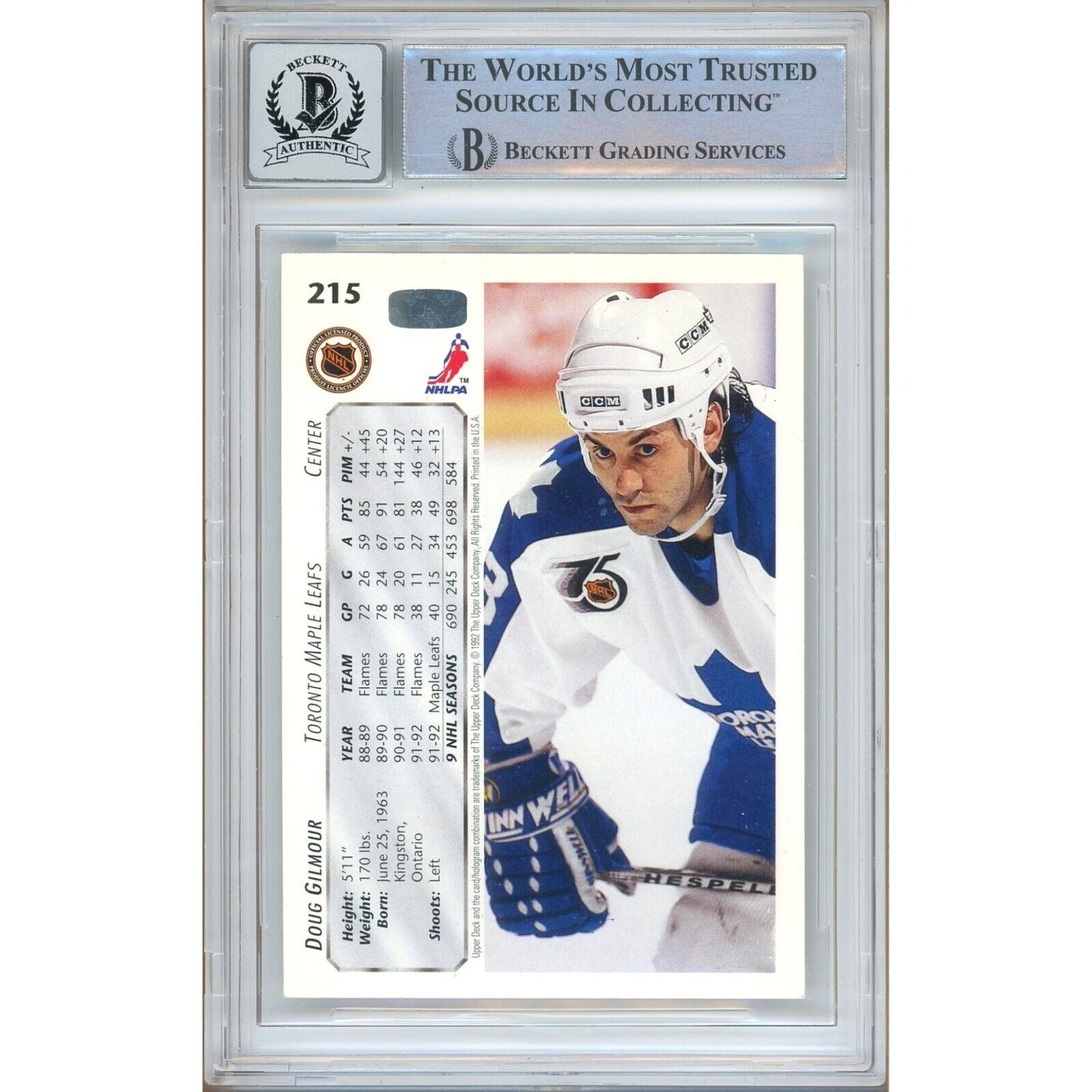 Hockey- Autographed- Doug Gilmour Toronto Maple Leafs Signed 1992-93 Upper Deck Hockey Card Beckett Authentic BGS Auto-10 Graded Slab Back