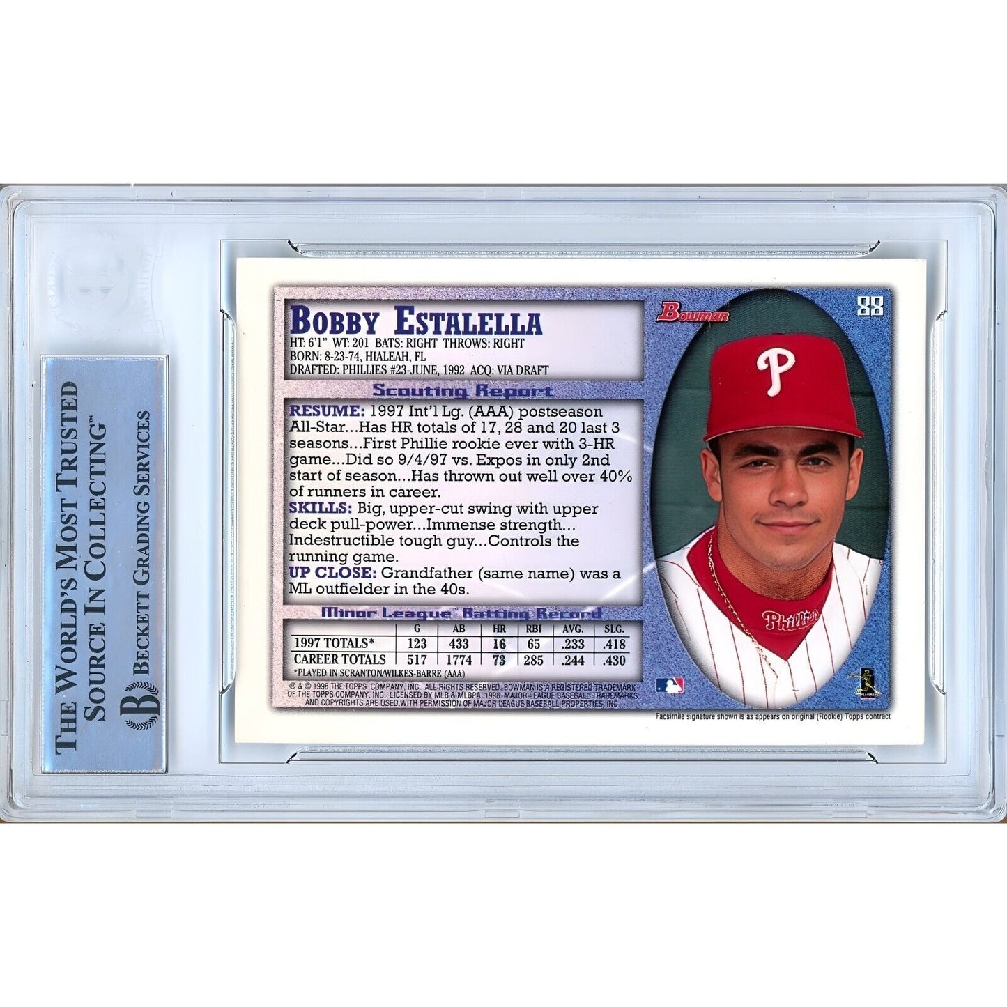 Baseballs- Autographed- Bobby Estalella Philadelphia Phillies Signed 1998 Bowman International Baseball Card Beckett Authentic Auto Slab Back