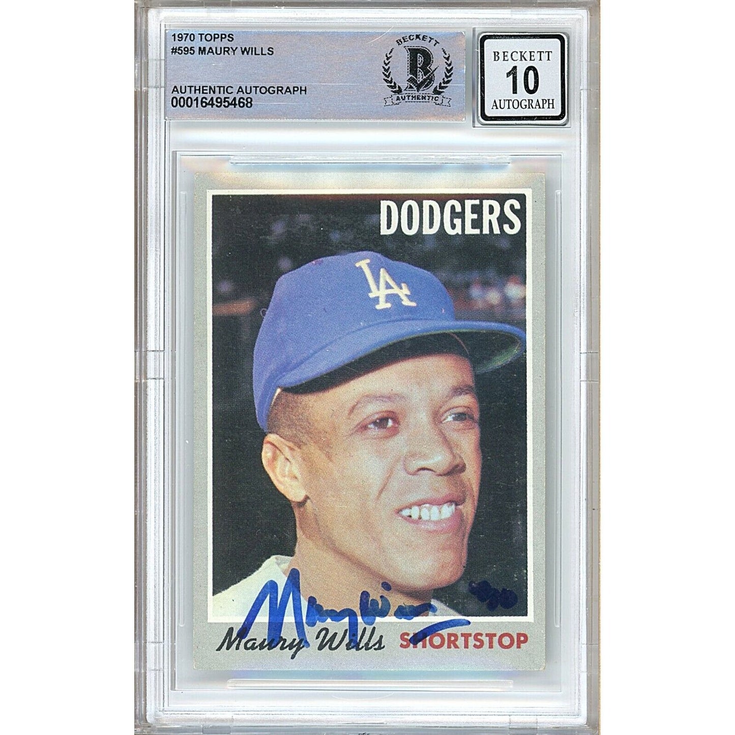 Baseballs- Autographed- Maury Wills Los Angeles Dodgers Signed 1970 Topps Baseball Card Beckett Authentic BGS Auto-10 Graded Slab Front