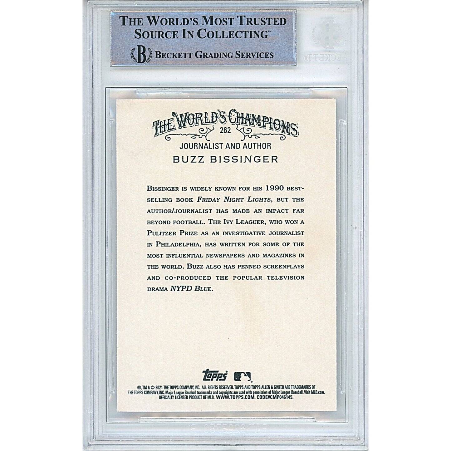 Footballs- Autographed- Buzz Bissinger Signed 2021 Topps Allen and Ginter Card Beckett Authentic Auto Slab Back