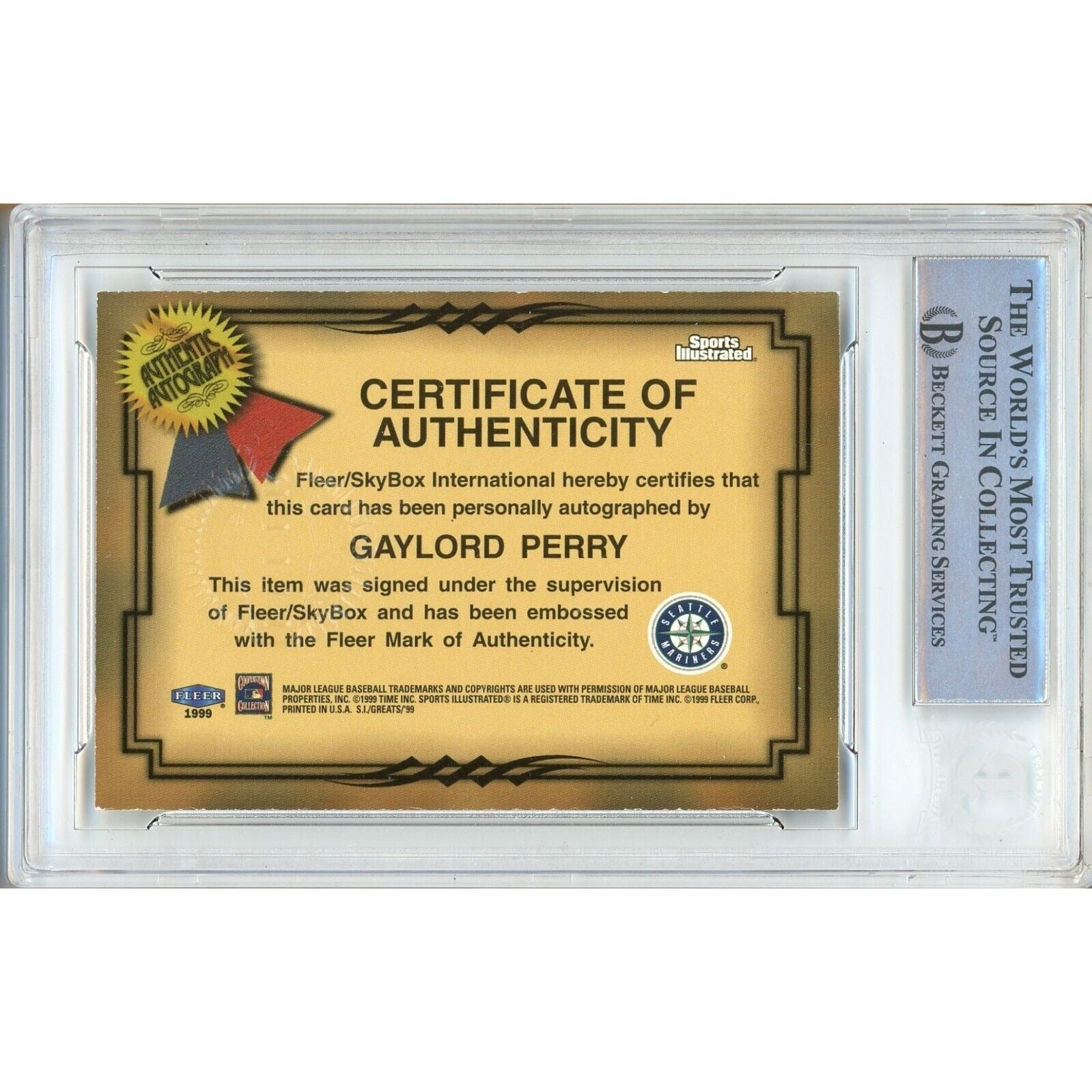 Baseballs- Autographed- Gaylord Perry Seattle Mariners Signed 1999 Sports Illustrated Greats of the Game Baseball Card Beckett Authentic Auto Slab Back