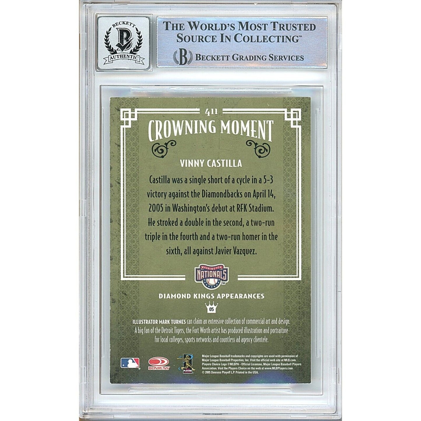 Baseballs- Autographed- Vinny Castilla Washington Nationals Signed 2005 Donruss Diamond Kings Trading Card Beckett Authentic BGS Auto-10 Graded Slab Back