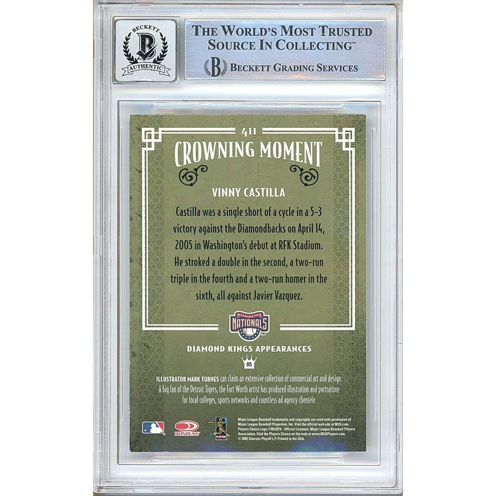 Baseballs- Autographed- Vinny Castilla Washington Nationals Signed 2005 Donruss Diamond Kings Trading Card Beckett Authentic BGS Auto-10 Graded Slab Back