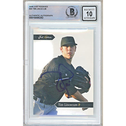 Baseballs- Autographed- Tim Lincecum San Francisco Giants Signed 2006 Just Rookies Trading Card Beckett Authentic BGS Auto-10 Graded Slab Front