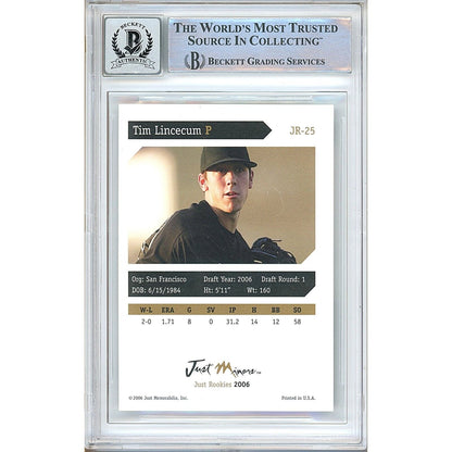 Baseballs- Autographed- Tim Lincecum San Francisco Giants Signed 2006 Just Rookies Trading Card Beckett Authentic BGS Auto-10 Graded Slab Back