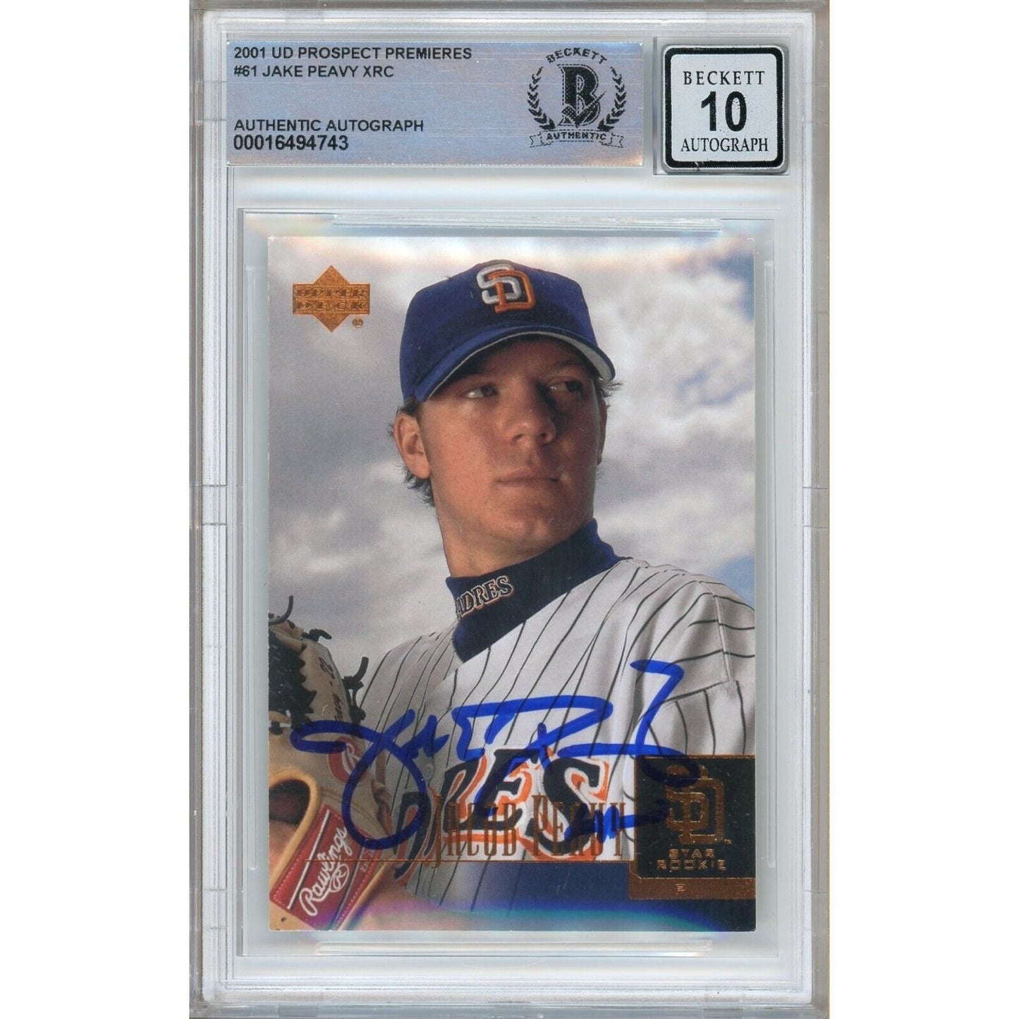 Baseballs- Autographed- Jake Peavy San Diego Padres Signed 2001 Upper Deck Prospect Premieres XRC Rookie Baseball Card Beckett Authentic BGS Auto-10 Graded Slab Front