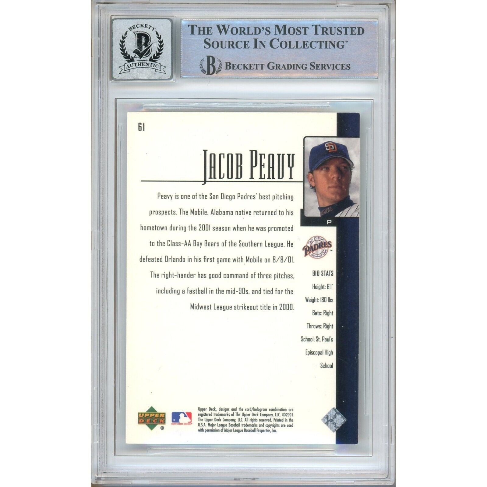 Baseballs- Autographed- Jake Peavy San Diego Padres Signed 2001 Upper Deck Prospect Premieres XRC Rookie Baseball Card Beckett Authentic BGS Auto-10 Graded Slab Back