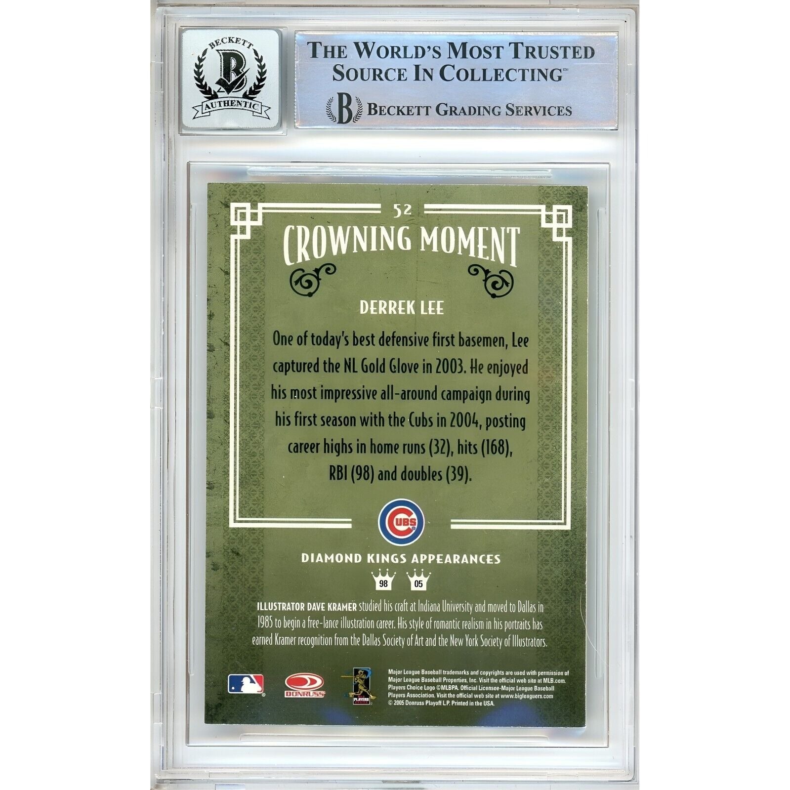 Baseballs- Autographed- Derrek Lee Chicago Cubs Signed 2005 Donruss Diamond Kings Baseball Card Beckett Authentic BGS Auto-10 Graded Slab Back