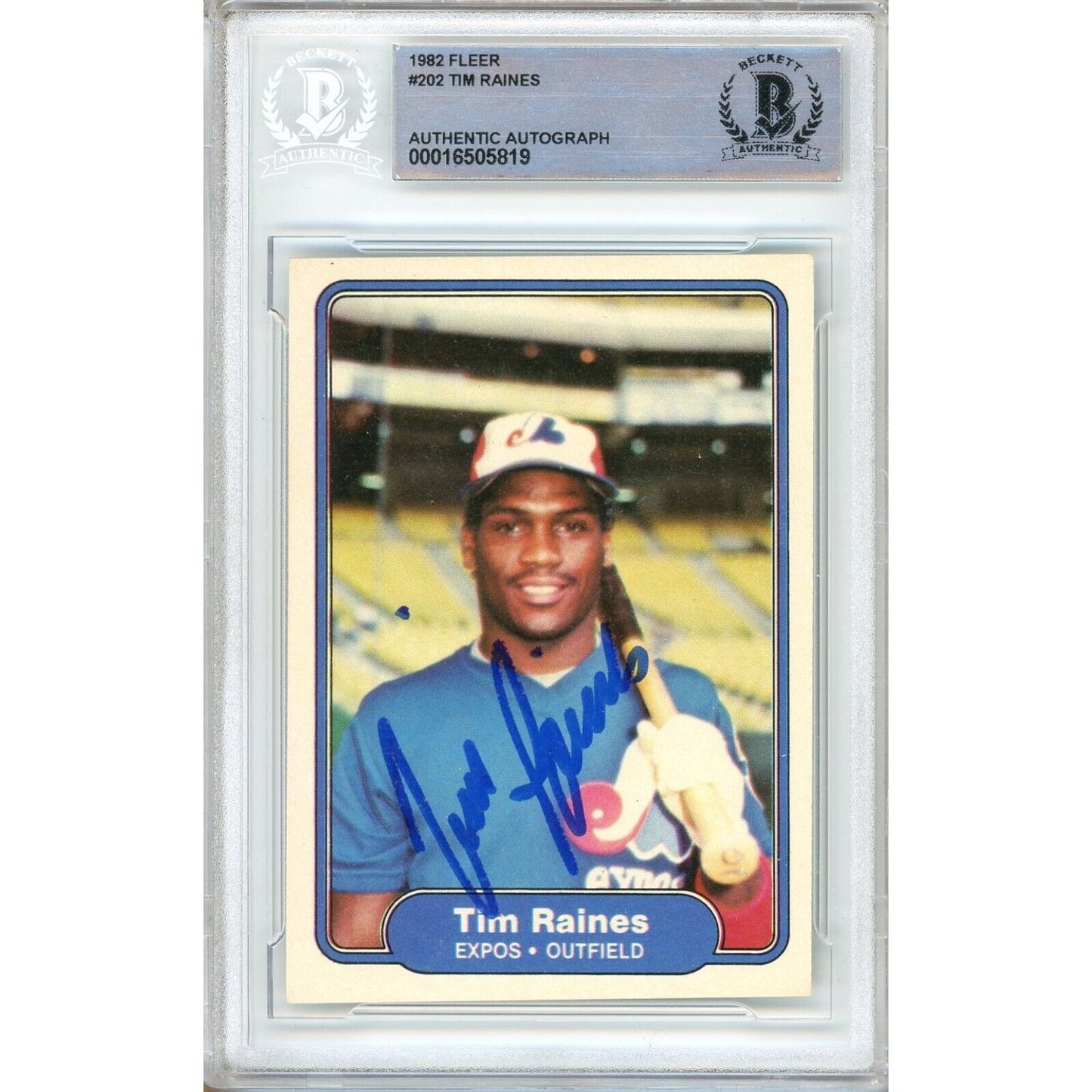 Baseballs- Autographed- Tim Raines Montreal Expos Signed 1982 Fleer Trading Card Beckett Authentic Auto Slab Front