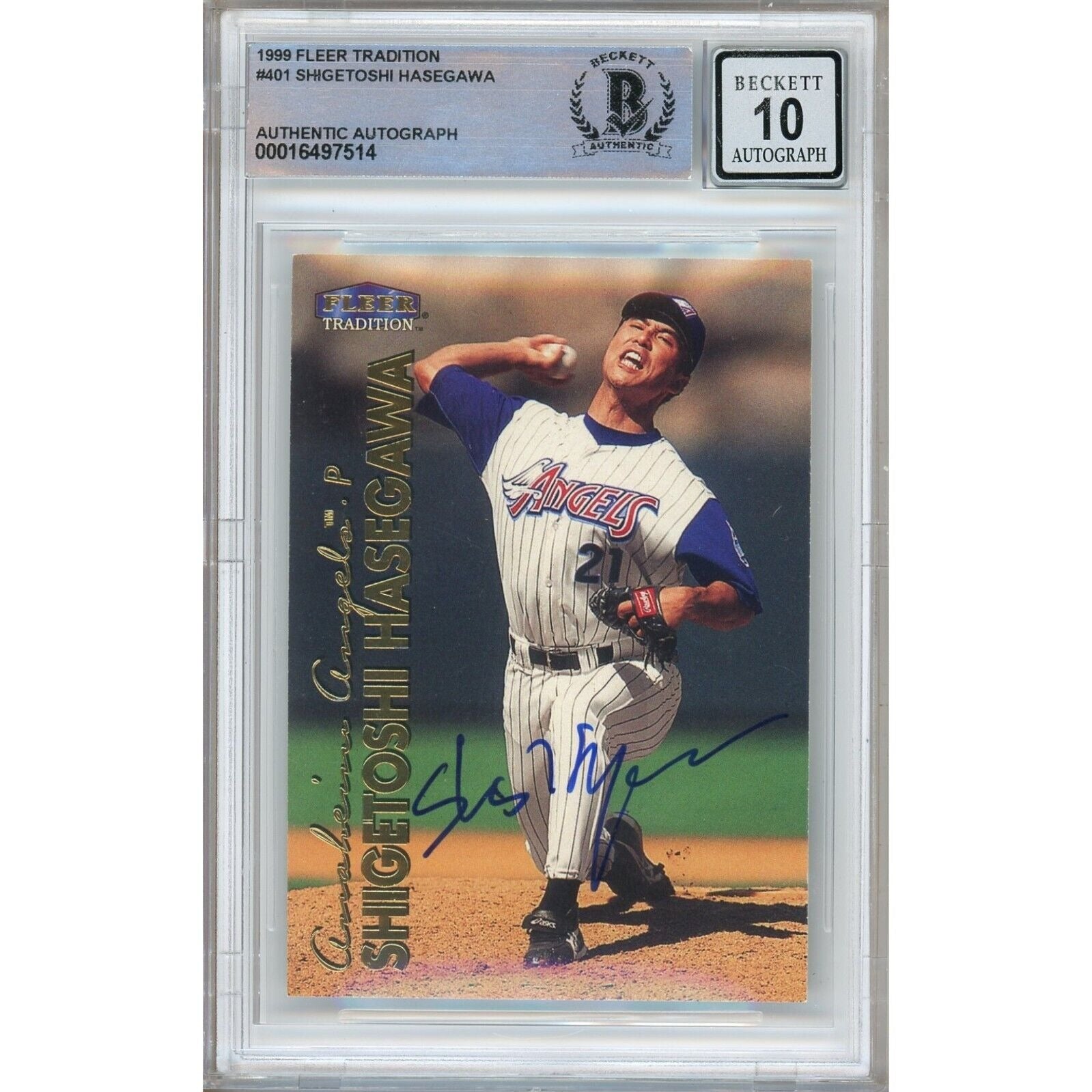 Baseballs- Autographed- Shigetoshi Hasegawa Los Angeles Angels Signed 1999 Fleer Tradition Trading Card Beckett Authentic BGS Auto-10 Graded Slab Front