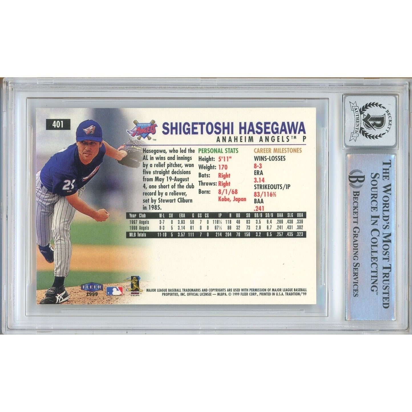 Baseballs- Autographed- Shigetoshi Hasegawa Los Angeles Angels Signed 1999 Fleer Tradition Trading Card Beckett Authentic BGS Auto-10 Graded Slab Back