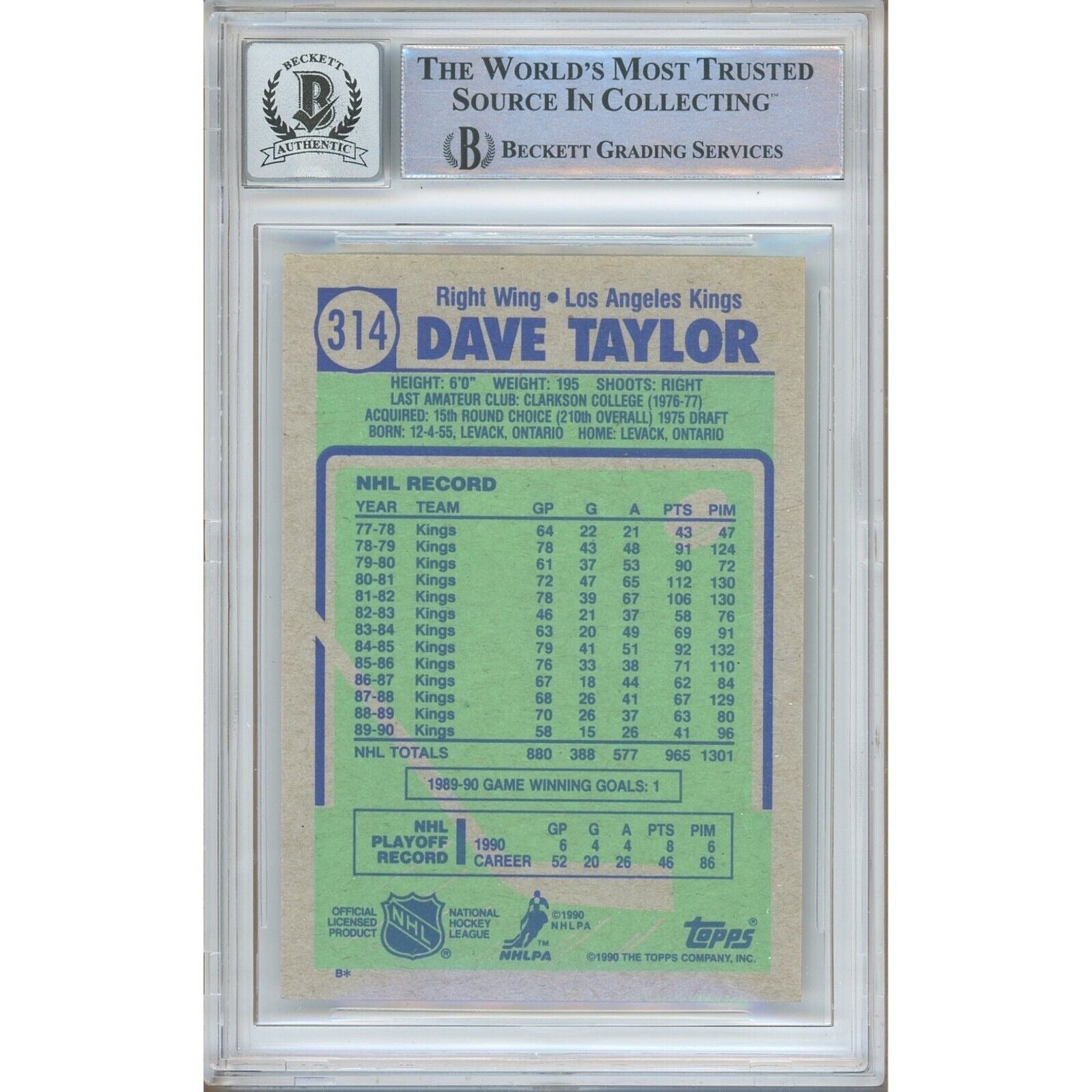 Hockey- Autographed- Dave Taylor Los Angeles Kings Signed 1990-91 Topps Hockey Card Beckett Authentic BGS Auto-10 Graded Slab Back