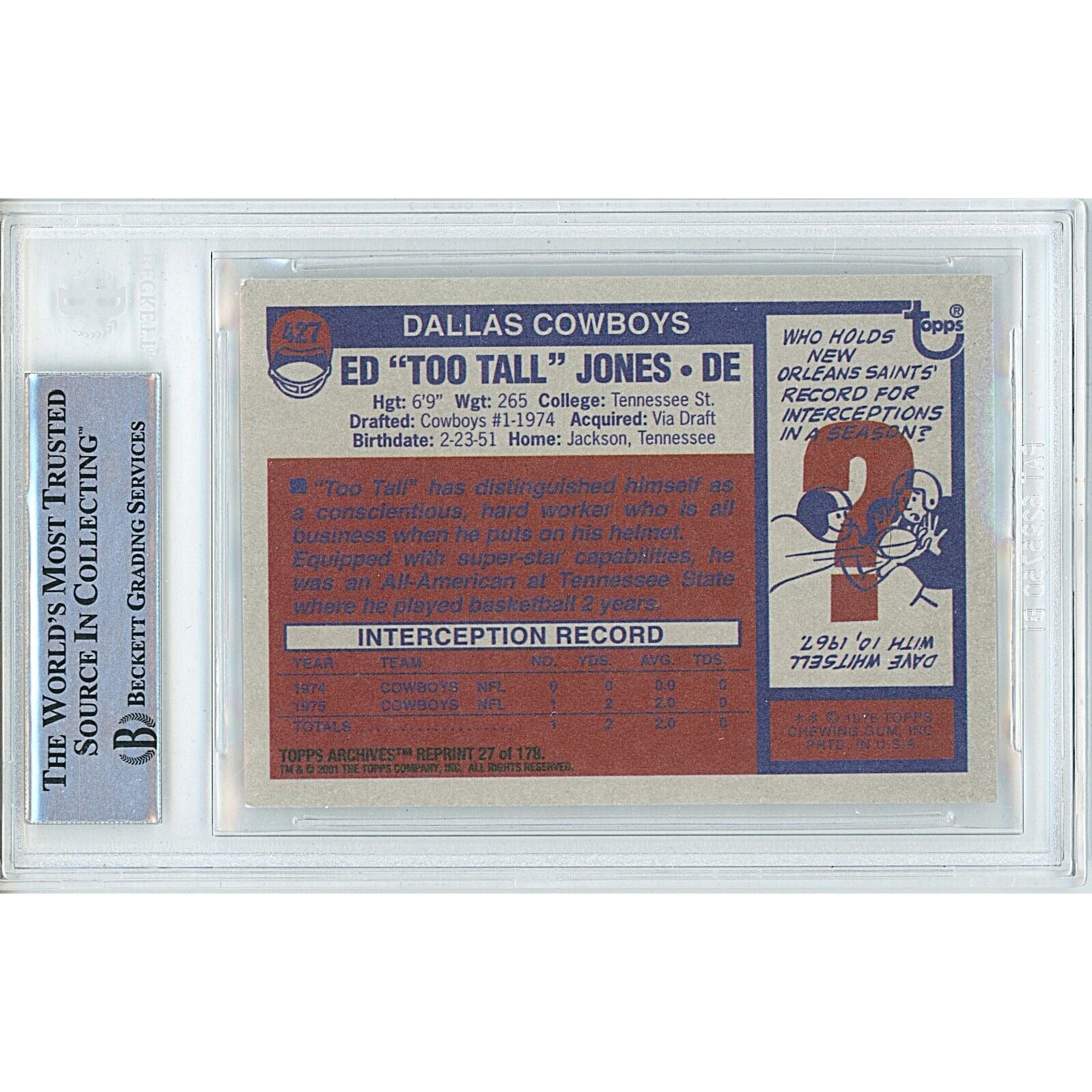 Ed Too Tall Jones Dallas Cowboys signed trading card – signature close-up – Beckett COA