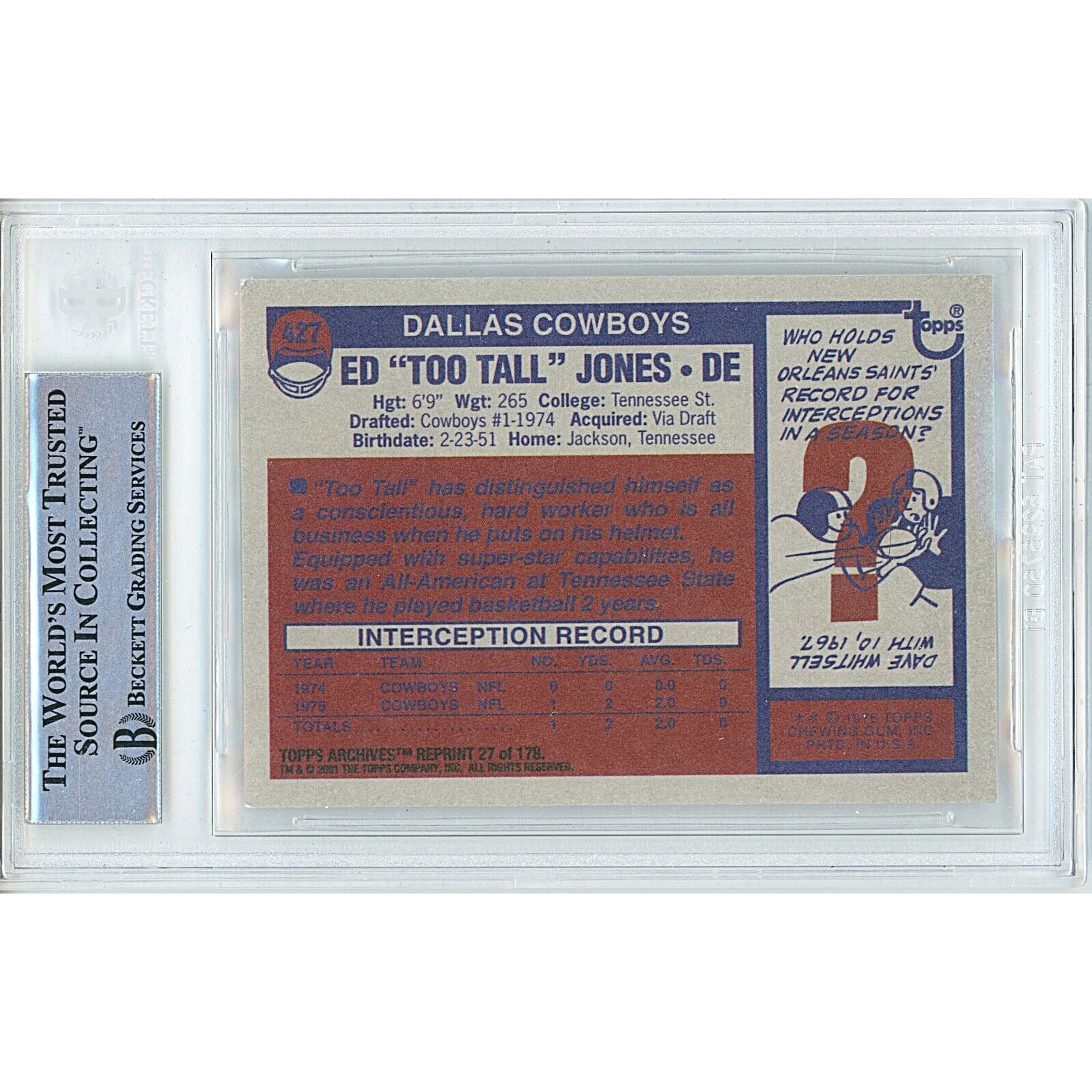 Footballs- Autographed- Ed Too Tall Jones Dallas Cowboys Signed 2001 Topps Archives Football Card Beckett Authentic Auto Slab Back