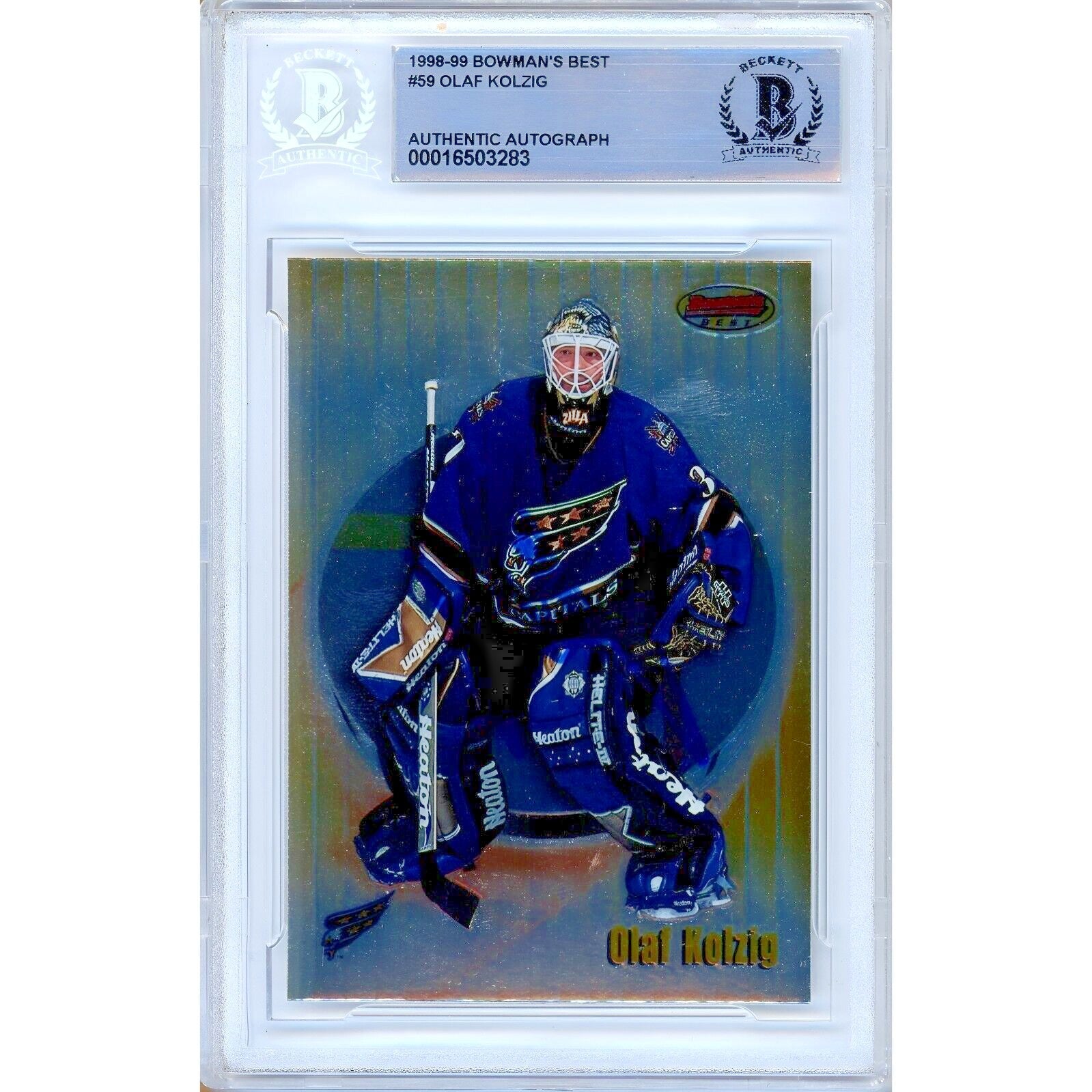 Olaf Kolzig Washington Capitals autographed trading card – full view – Beckett COA