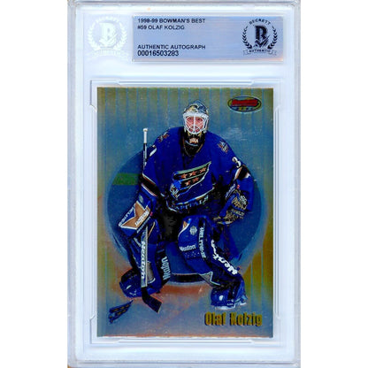 Hockey- Autographed- Olaf Kolzig Washington Capitals Signed 1998-99 Bowmans Best Hockey Card Beckett Authentic Auto Slab Front