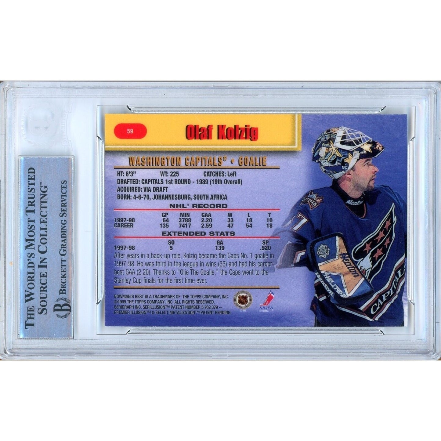 Hockey- Autographed- Olaf Kolzig Washington Capitals Signed 1998-99 Bowmans Best Hockey Card Beckett Authentic Auto Slab Back