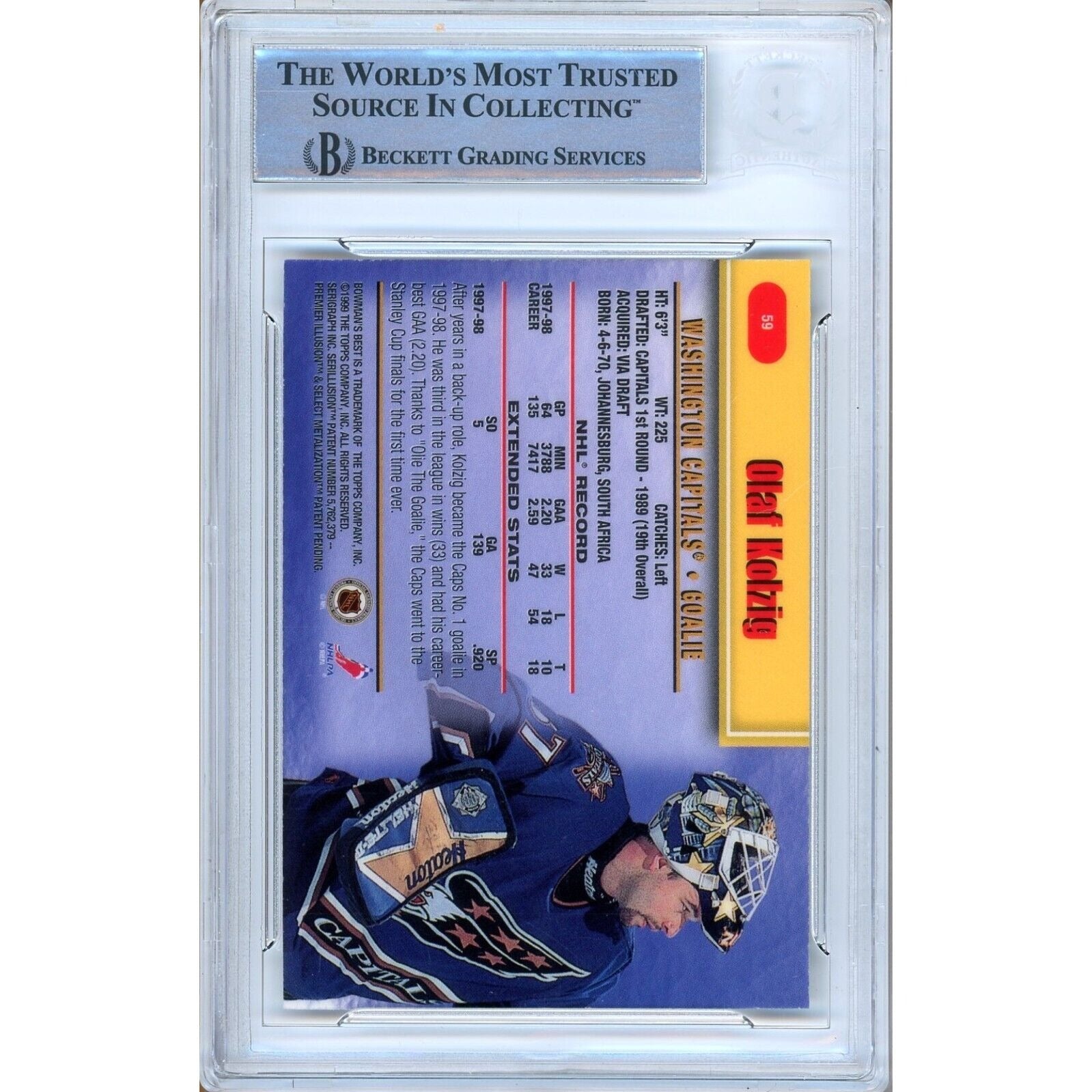 Olaf Kolzig Washington Capitals auto trading card – authentication sticker – Beckett COA