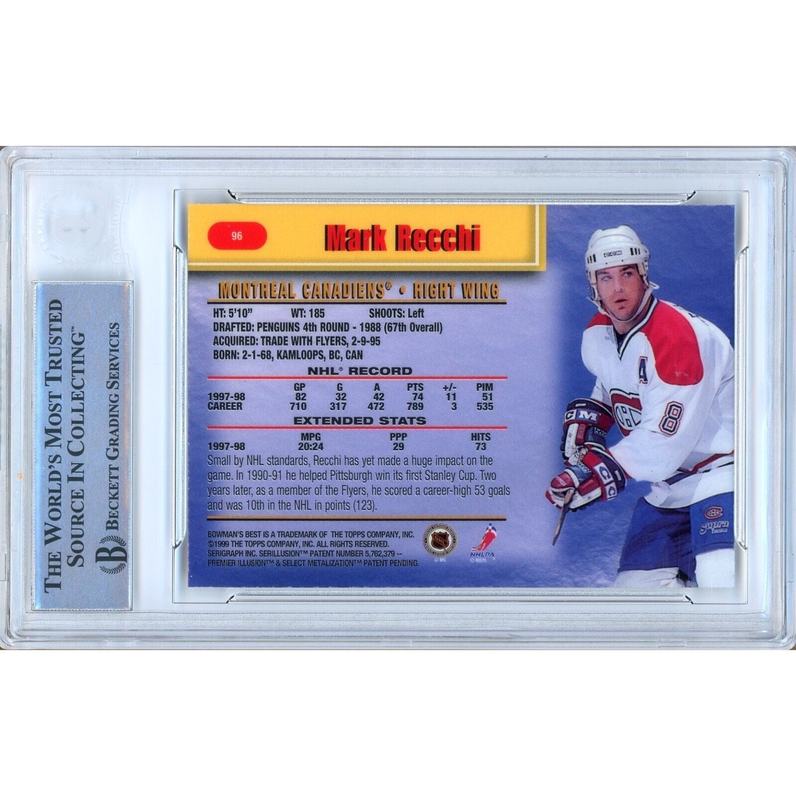 Hockey- Autographed- Mark Recchi Montreal Canadiens Signed 1998-99 Bowmans Best Hockey Card Beckett Authentic Auto Slab Back