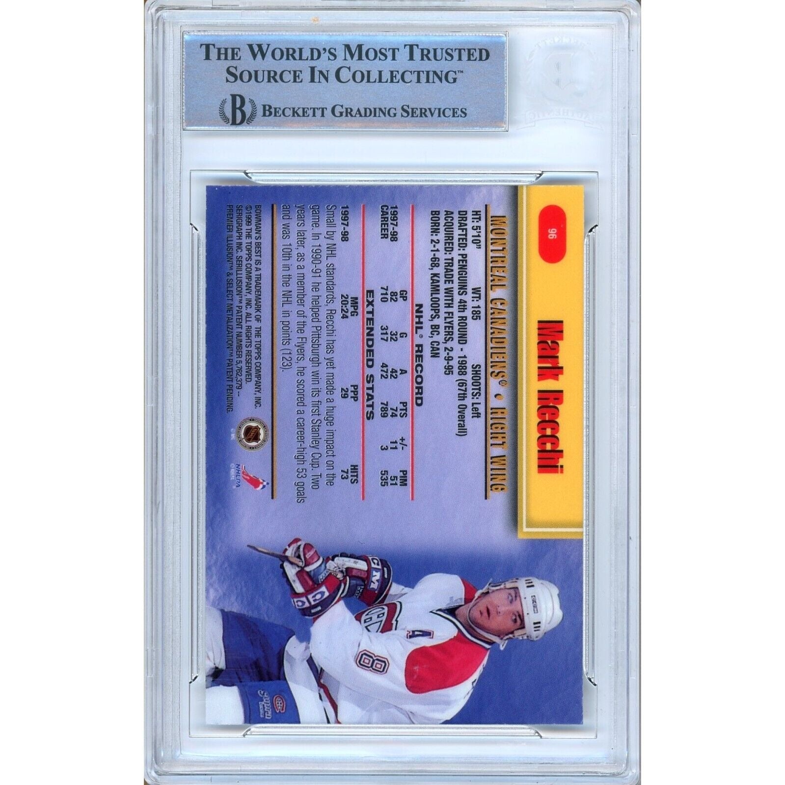 Hockey- Autographed- Mark Recchi Montreal Canadiens Signed 1998-99 Bowmans Best Hockey Card Beckett Authenticated Auto Slab Back