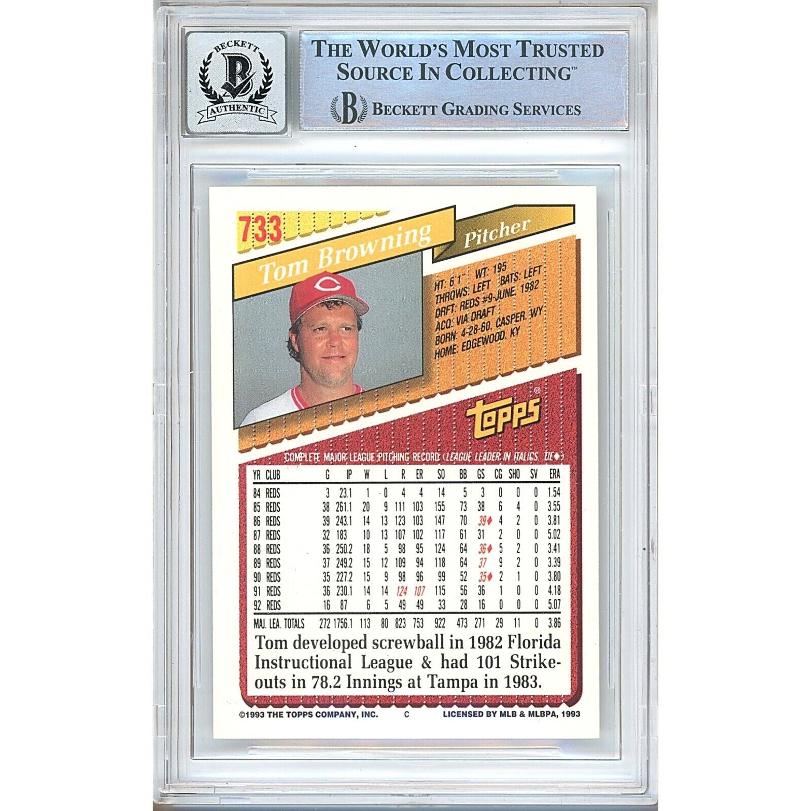 Baseballs- Autographed- Tom Browning Cincinnati Reds Signed 1993 Topps Trading Card Beckett Authentic BGS Auto-10 Graded Slab Back