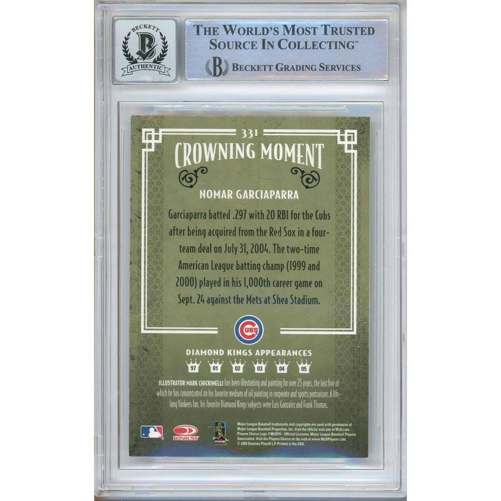 Baseballs- Autographed- Nomar Garciaparra Chicago Cubs Signed 2005 Donruss Diamond Kings Baseball Card Beckett Authentic BGS Auto-10 Graded Slab Back