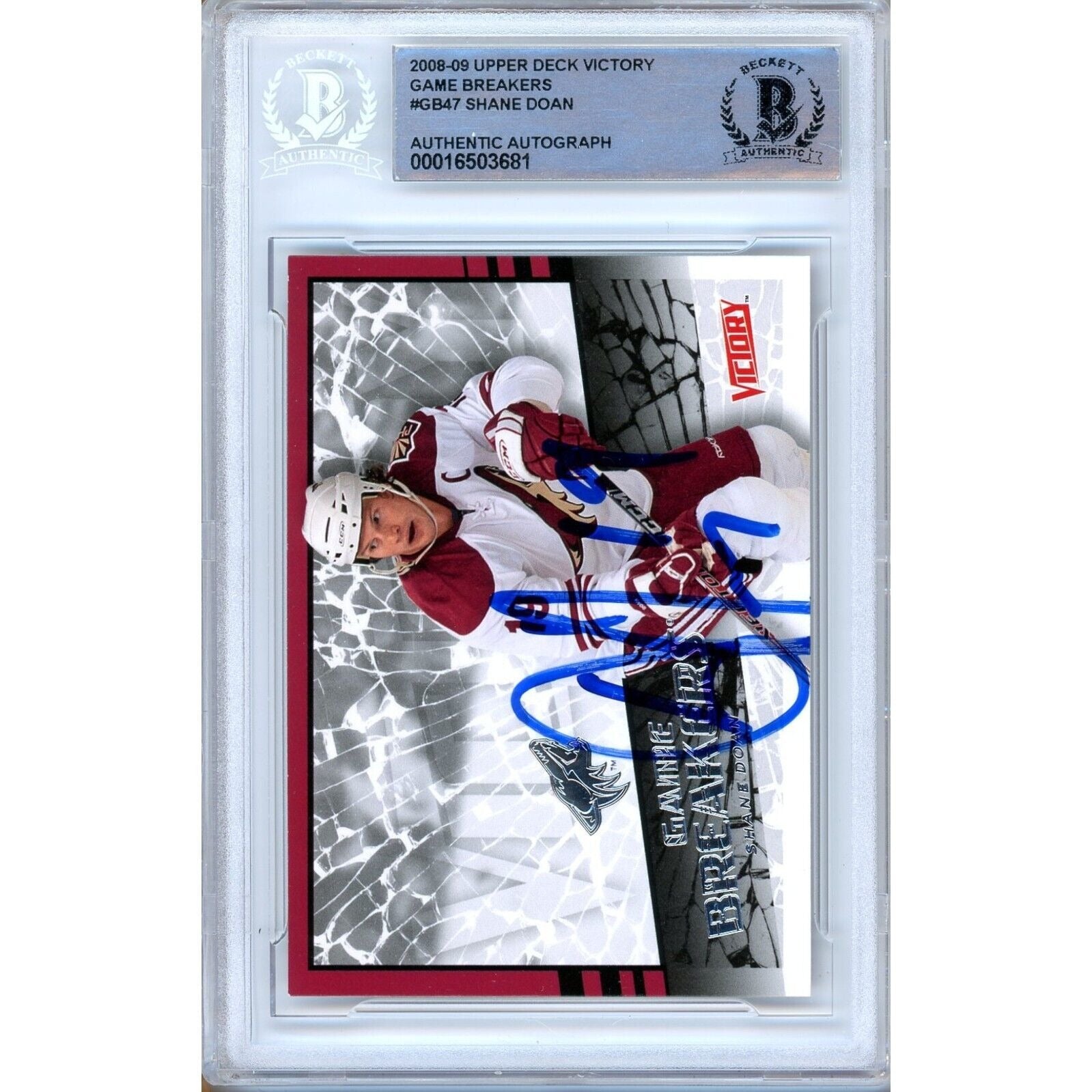 Hockey- Autographed- Shane Doan Phoenix Coyotes Signed 2008-09 Upper Deck Victory Game Breakers Trading Card Beckett Authentic Auto Slab Front