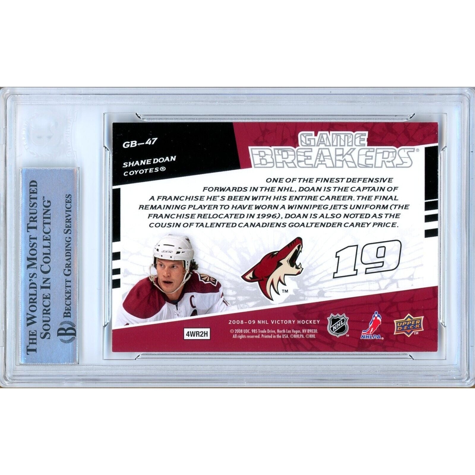 Hockey- Autographed- Shane Doan Arizona Coyotes Signed 2008-09 Upper Deck Victory Game Breakers Trading Card Beckett Authentic Auto Slab Back