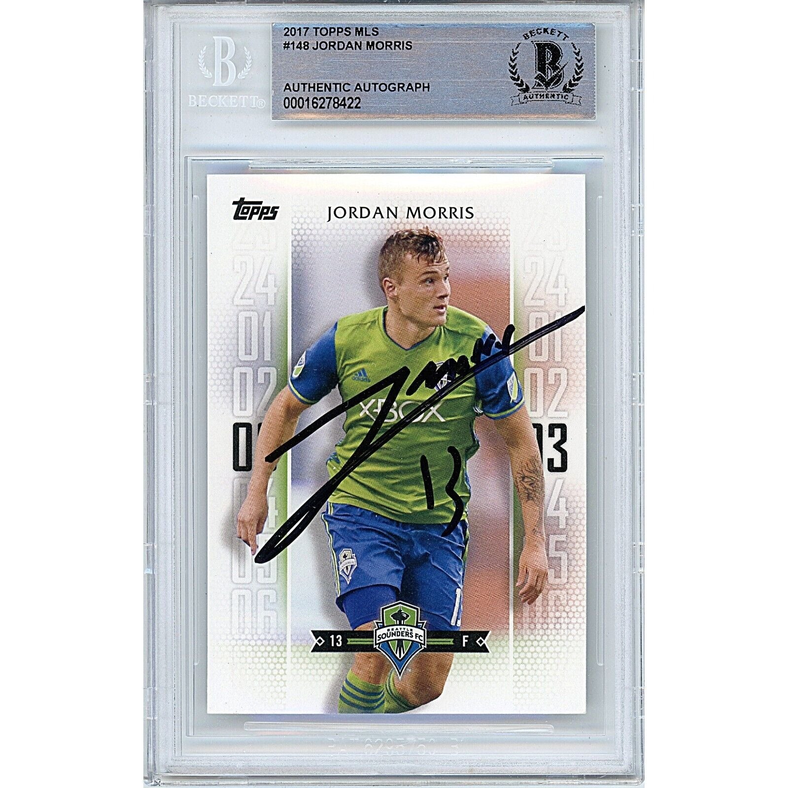 Jordan Morris Seattle Sounders autographed trading card – full view – Beckett COA