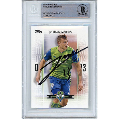 Soccer- Autographed- Jordan Morris Seattle Sounders FC Signed 2017 Topps MLS Soccer Card Beckett Authentic Auto Slab Front