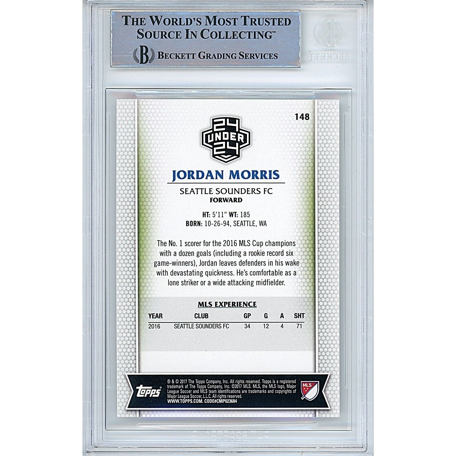 Jordan Morris Seattle Sounders signed trading card – signature close-up – Beckett COA