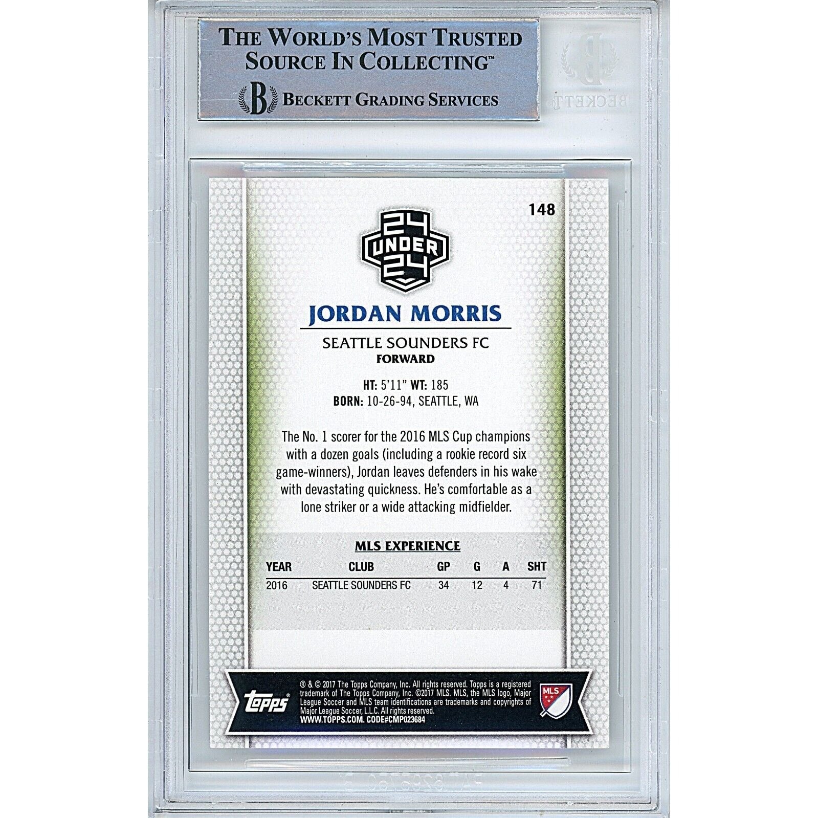 Soccer- Autographed- Jordan Morris Seattle Sounders FC Signed 2017 Topps MLS Soccer Card Beckett Authentic Auto Slab Back