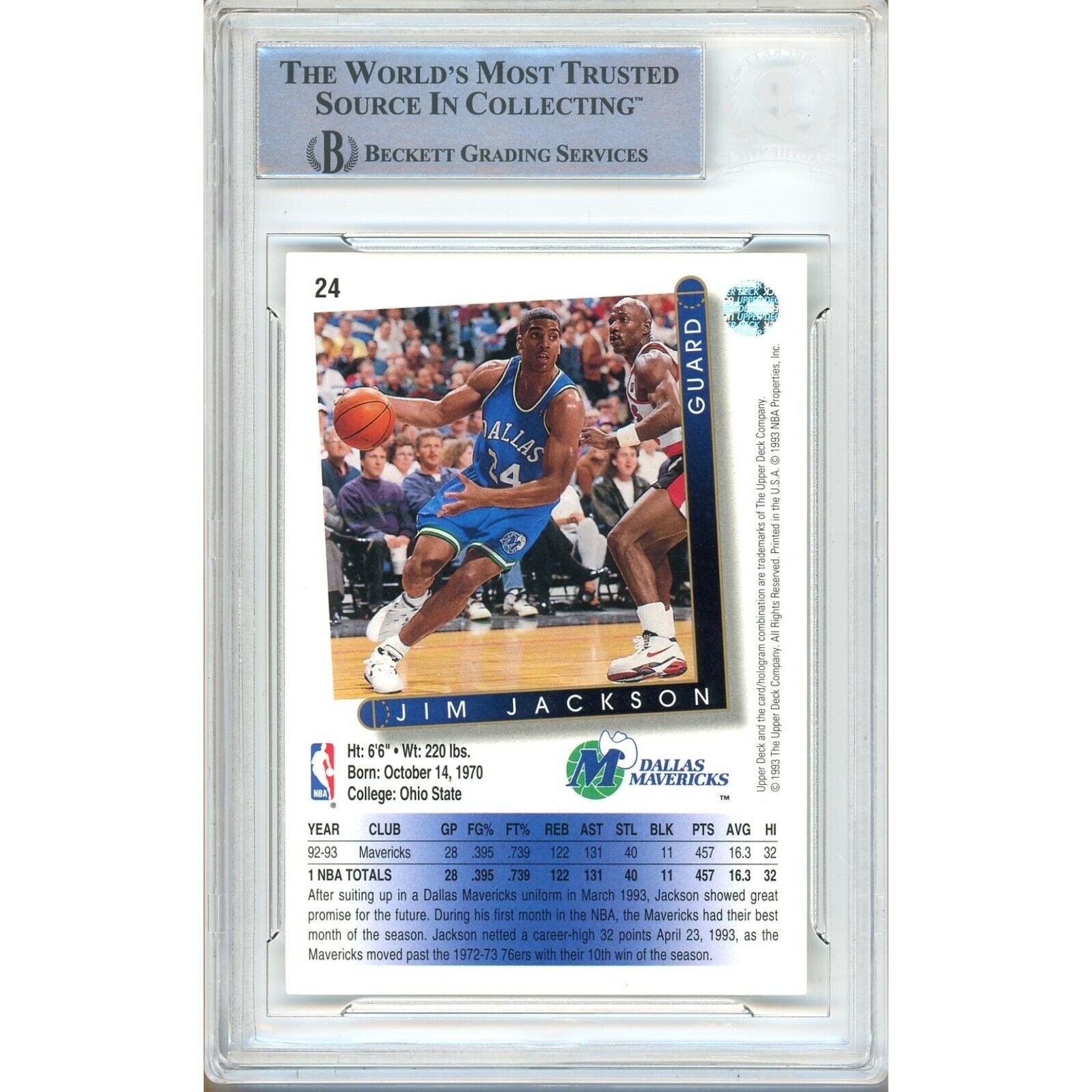 Jim Jackson Dallas Mavericks signed trading card – signature close-up – Beckett COA