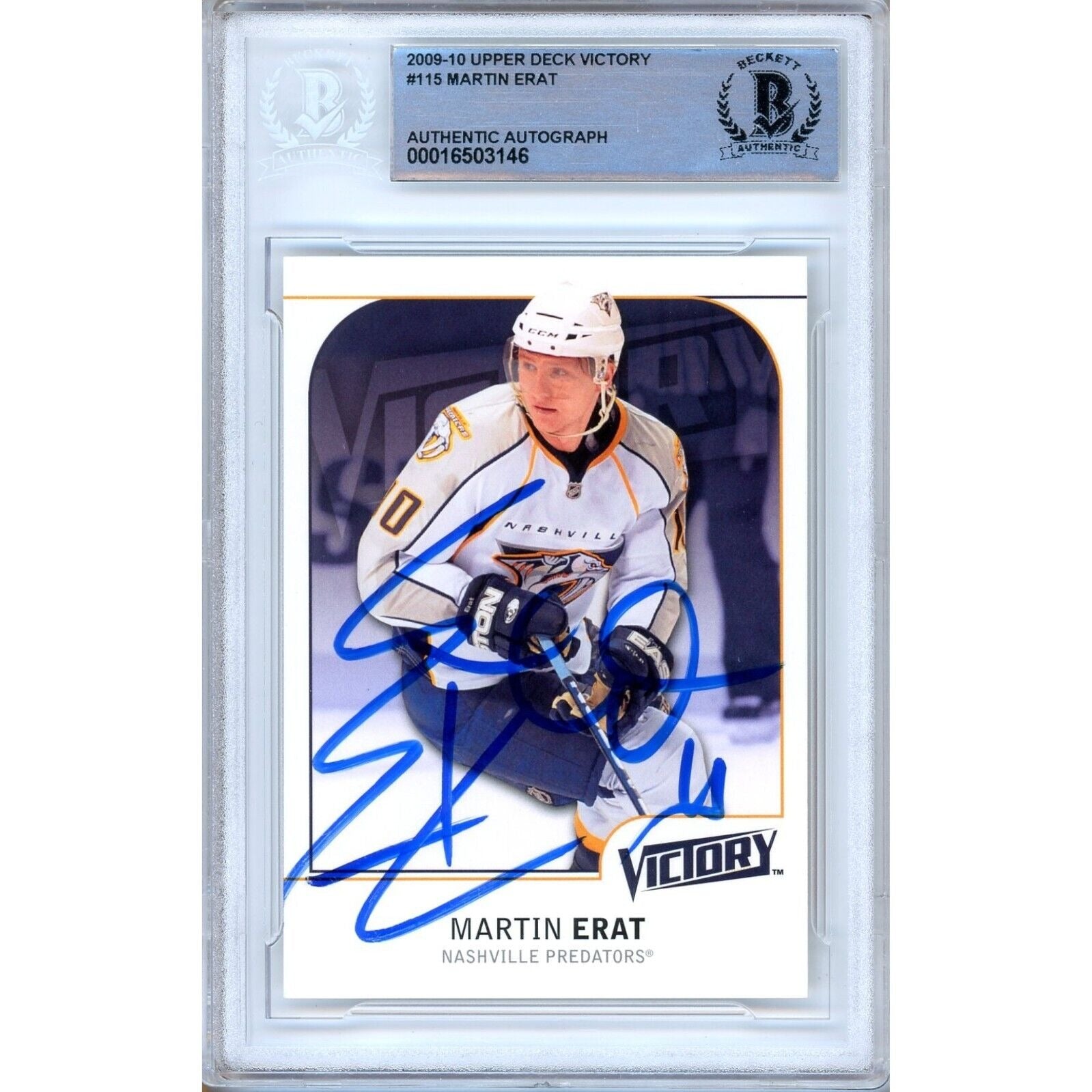 Hockey- Autographed- Martin Erat Nashville Predators Signed 2009-10 Upper Deck Victory Hockey Card Beckett Authentic Auto Slab Front