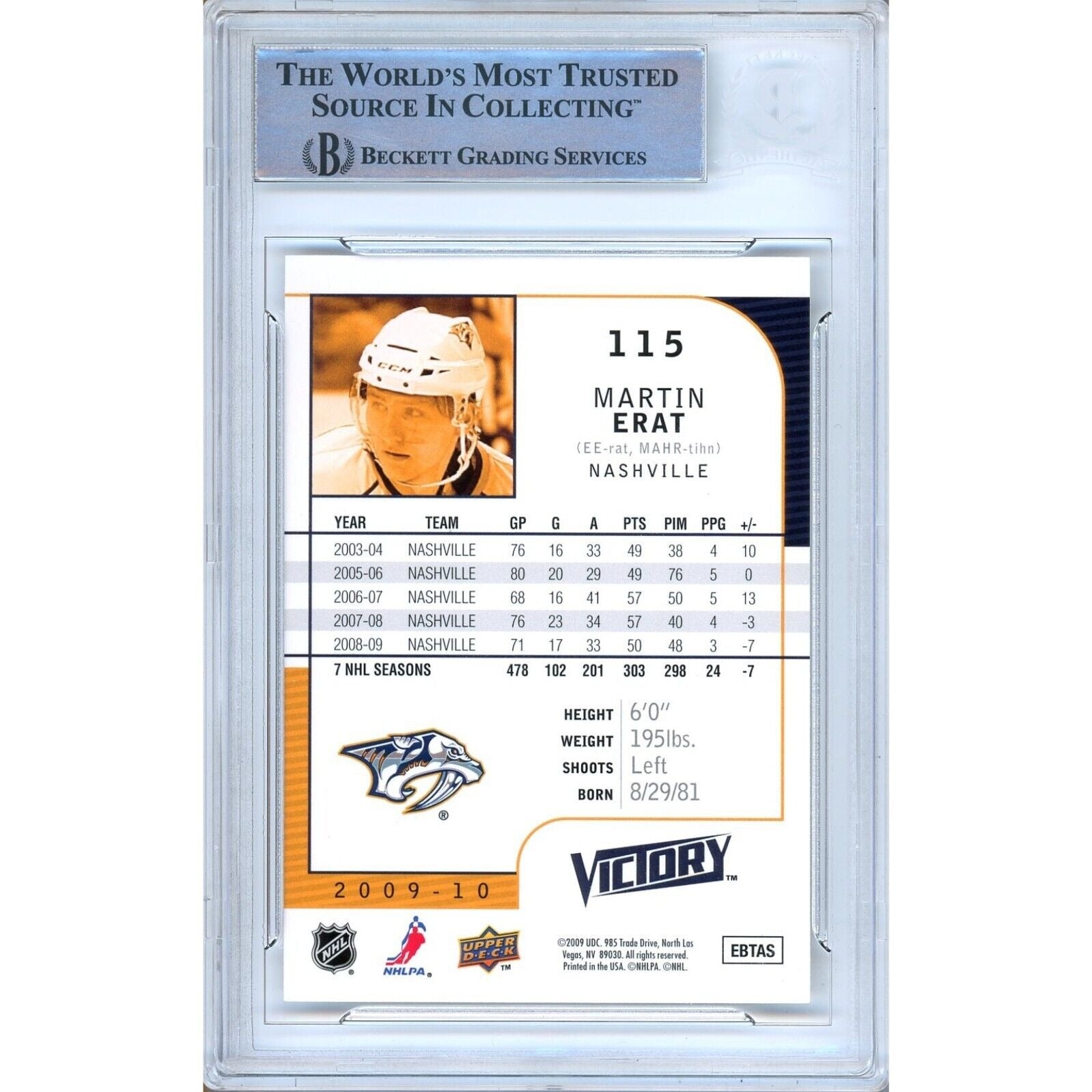 Hockey- Autographed- Martin Erat Nashville Predators Signed 2009-10 Upper Deck Victory Hockey Card Beckett Authentic Auto Slab Back