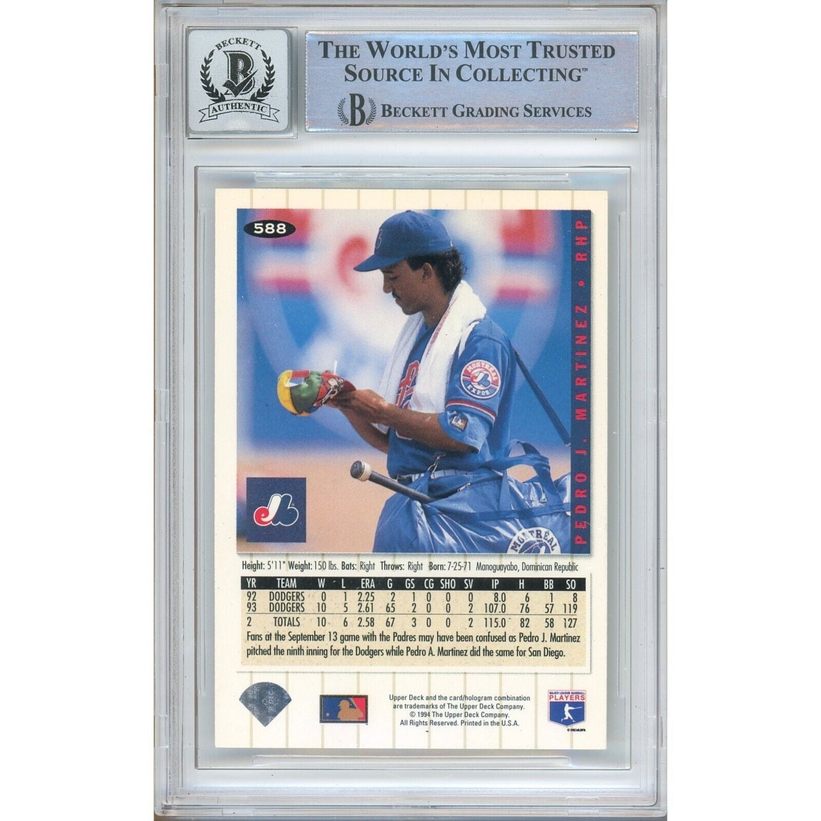 Baseballs- Autographed- Pedro Martinez Montreal Expos Signed 1994 Upper Deck Collectors Choice Baseball Card Beckett Authentic BGS Auto-10 Graded Slab Back